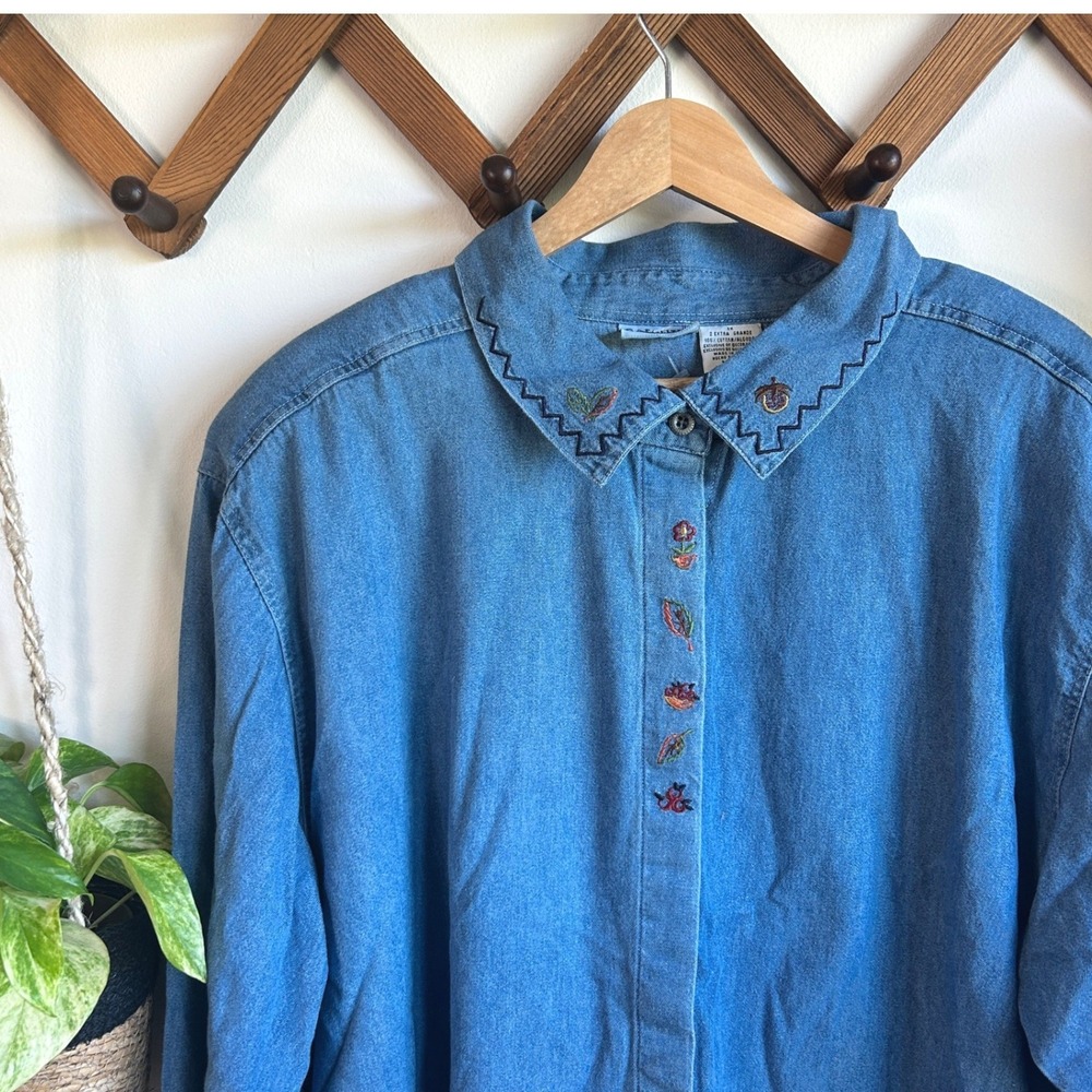 Vintage Capacity Fall Leaf Embroidered Denim Button Down Shirt Blue Cotton 2x